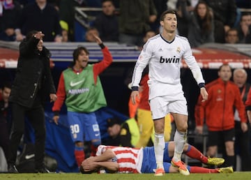 In the 2013 Copa del Rey final, Cristiano was shown a straight red for lashing out at Atlético Madrid's Gabi.