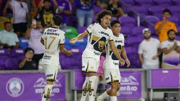 Aug 2, 2025; Orlando, FL, USA; Pumas UNAM midfielder Adalberto Carrasquilla (28) reacts after scoring a goal against Atlanta United FC in the second half at Inter&Co Stadium. Mandatory Credit: Nathan Ray Seebeck-Imagn Images