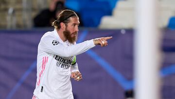 MADRID, SPAIN - MARCH 16: Sergio Ramos of Real Madrid celebrates after scoring his team's second goal during the UEFA Champions League Round of 16 match between Real Madrid and Atalanta at Estadio Alfredo Di Stefano on March 16, 2021 in Madrid, Spain. Sporting stadiums around Spain remain under strict restrictions due to the Coronavirus Pandemic as Government social distancing laws prohibit fans inside venues resulting in games being played behind closed doors. (Photo by Diego Souto/Quality Sport Images/Getty Images)
