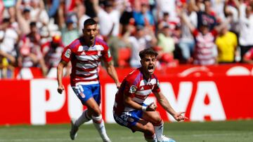 Melendo, of Granada CF, scores the first goal of the match during the La Liga Smartbank match between Granada CF and UD Las Palmas at Nuevo Los Carmenes Stadium on April 15, 2023 in Granada, Spain.
(Photo by Álex Cámara/NurPhoto via Getty Images)
