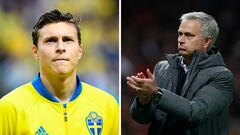 Victor Lindelof y Jos&eacute; Mourinho.