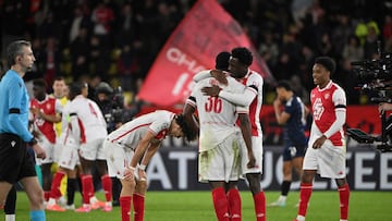 Monaco's players celebrate after winning the UEFA Champions League football match between AS Monaco and Aston Villa at the Louis II Stadium (Stade Louis II) in the Principality of Monaco on January 21, 2025. (Photo by Christophe SIMON / AFP)