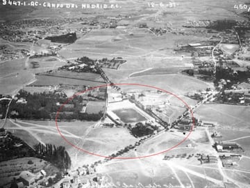 En la foto, vista aérea del Ejército del Aire de la zona en 1931. Vemos claramente el campo de Chamartín en lo que es la zona de la Esquina del Bernabéu.

