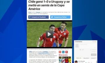 El Comercio de Perú fue más informativo: Chile ganó 1-0 a Uruguay y se metió en semis escribió en su sitio web.