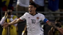 PASADENA, CA - JUNE 07: James Rodriguez #10 of Colombia reacts to scoring a goal during the first half of a 2016 Copa America Centenario Group A match between Columbia and Paraguay at Rose Bowl on June 7, 2016 in Pasadena, California. Sean M. Haffey/Getty Images/AFP  == FOR NEWSPAPERS, INTERNET, TELCOS & TELEVISION USE ONLY ==