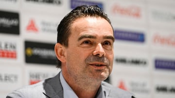 (FILES) Antwerp's new director of football Marc Overmars, speaks during a press conference of Belgian soccer club Royal Antwerp FC, in Antwerp on March 21, 2022. Disgraced former international Marc Overmars's one-year fixed ban from working in Dutch football for sending sexually explicit pictures and videos to women staff has been extended worldwide by FIFA, the Dutch football federation said on January 10, 2024. (Photo by TOM GOYVAERTS / BELGA / AFP) / Belgium OUT