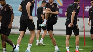 Germany's forward #13 Thomas Mueller takes part in a training session at the Al Shamal Stadium in Al Shamal, north of Doha on November 30, 2022, on the eve of the Qatar 2022 World Cup football match between Costa Rica and Germany. (Photo by Ina Fassbender / AFP)