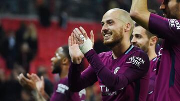 Manchester City's David Silva celebrates winning the English Premier League soccer match Tottenham Hotspur vs Manchester City at Wembley Stadium, London, Britain, 14 April 2018.