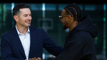 EL SEGUNDO, CALIFORNIA - JULY 02: Head coach JJ Redick greets Bronny James #9 of the Los Angeles Lakers before a press conference at UCLA Health Training Center on July 02, 2024 in El Segundo, California. The Lakers selected Bronny James and Dalton Knecht in the 2024 NBA Draft. Ronald Martinez/Getty Images/AFP (Photo by RONALD MARTINEZ / GETTY IMAGES NORTH AMERICA / Getty Images via AFP)