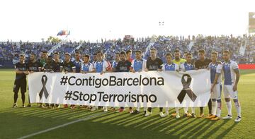 With you Barcelona, Stop Terrorism reads a banner held up by the players of Leganés and Alavés before their LaLiga game on Friday evening