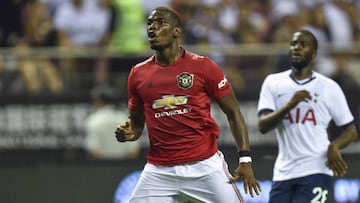 Manchester United&#039;s Paul Pogba (C) gestures during the International Champions Cup football tournament between English Premier League sides Manchester United and Tottenham at Hongkou Football Stadium in Shanghai, on July 25, 2019. (Photo by HECTOR RE