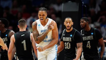 CHARLOTTE, NORTH CAROLINA - MARCH 21: Armando Bacot #5 of the North Carolina Tar Heels reacts against the Wagner Seahawks during the first half in the first round of the NCAA Men's Basketball Tournament at Spectrum Center on March 21, 2024 in Charlotte, North Carolina.   Jacob Kupferman/Getty Images/AFP (Photo by Jacob Kupferman / GETTY IMAGES NORTH AMERICA / Getty Images via AFP)