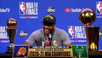 NBA star Antetokounmpo jokes that his mission is accomplished after winning the NBA finals and he is now free to leave Milwaukee.
