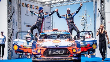 Dani Sordo (ESP) and Carlos del Barrio (ESP) of team Hyundai Shell Mobis WRT celebrate on the podium after winning the World Rally Championship in Alghero, Italy on June 16 2019 // Jaanus Ree / Red Bull Content Pool // SI201906160371 // Usage for editorial use only // 