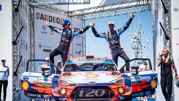 Dani Sordo (ESP) and Carlos del Barrio (ESP) of team Hyundai Shell Mobis WRT celebrate on the podium after winning the World Rally Championship in Alghero, Italy on June 16 2019 // Jaanus Ree / Red Bull Content Pool // SI201906160371 // Usage for editorial use only //