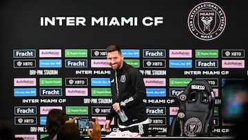 Inter Miami's Argentine forward Lionel Messi walks away following a press conference at DRV PNK Stadium in Fort Lauderdale, Florida on August 17, 2023. (Photo by CHANDAN KHANNA / AFP)