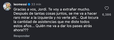 Messi manda emotivo mensaje a Jordi Alba por su retiro: “¿Quién me va a dar los pases ahora?”
