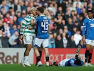 Soccer Football - Scottish League Cup - Quarter Final - Rangers v Celtic - Ibrox, Glasgow, Scotland, Britain - March 8, 2026 Celtic's Julian Araujo clashes with Rangers' Nicolas Raskin Action Images via REUTERS/Lee Smith TPX IMAGES OF THE DAY