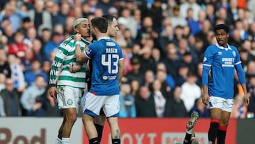 Soccer Football - Scottish League Cup - Quarter Final - Rangers v Celtic - Ibrox, Glasgow, Scotland, Britain - March 8, 2026 Celtic's Julian Araujo clashes with Rangers' Nicolas Raskin Action Images via REUTERS/Lee Smith TPX IMAGES OF THE DAY