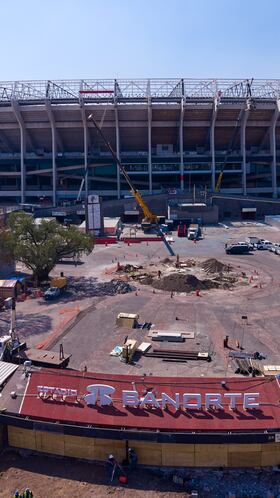 Aerial view of the Banorte (Azteca) Stadium during its renovation as the venue for the 2026 FIFA World Cup, on March 03, 2026, Mexico City, Mexico.