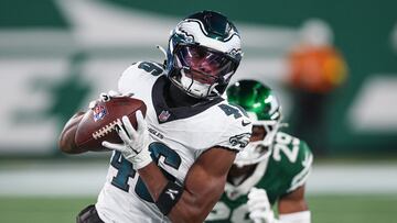 Aug 22, 2025; East Rutherford, New Jersey, USA; Philadelphia Eagles wide receiver Terrace Marshall Jr. (46) gains yards after catch during the first half against the New York Jets at MetLife Stadium. Mandatory Credit: Vincent Carchietta-Imagn Images