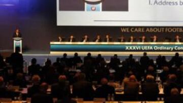<b>EN TURQUÍA. </b>Platini habló del estado actual del fútbol europeo en el 36 Congreso de la UEFA.