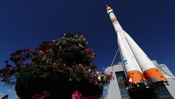SAMARA, RUSSIA - JUNE 18: A general view of Space rocket Soyuz in the launch assembly, the original rocket in full size infront of the Municipal museum Cosmic Samara or Kosmicheskay during the 2018 FIFA World Cup Russia on June 18, 2018 in Samara, Russia