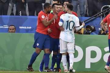 Chile's Gary Medel and Argentina's Lionel Messi pictured moments before they were sent off.