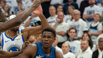 May 8, 2025; Minneapolis, Minnesota, USA; Minnesota Timberwolves guard Anthony Edwards (5) drives to the basket against the Golden State Warriors in the first half during game two of the second round for the 2025 NBA Playoffs at Target Center. Mandatory Credit: Jesse Johnson-Imagn Images