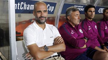 Guardiola, en el banquillo del Manchester City ante el Real Madrid.