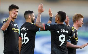 11 July 2020, England, Brighton: Manchester City's Gabriel Jesus celebrates scoring his side's second goal with teammates during the English Premier League soccer match between Brighton & Hove Albion and Manchester City at the Amex Stadium. Photo: Catheri