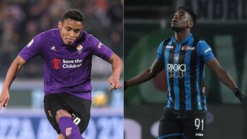 Luis Fernando Muriel durante un partido con Fiorentina y Duván Zapata en uno de Atalanta por Serie A.