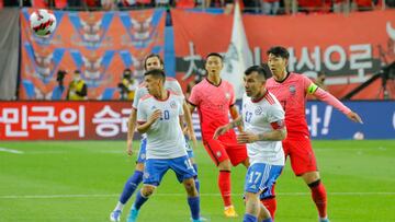 June 6, 2022-Daejeon, South Korea-Son, Heungmin(R) of South Korea and Medel, Gary(Front) of Chile action during an International Friendly match between South Korea v Chile at Daejeon Worldcup Stadium in Daejeon, South Korea. (Photo by Seung-il Ryu/NurPhoto via Getty Images)