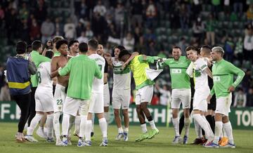 Los jugadores del Elche celebran la permancia en primera división tras finalizar el encuentro.