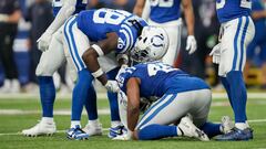 Jan 6, 2024; Indianapolis, Indiana, USA; Indianapolis Colts linebacker E.J. Speed (45) kneels on the field after suffering an apparent injury during a game against the Houston Texans at Lucas Oil Stadium. Mandatory Credit: Jenna Watson-USA TODAY Sports