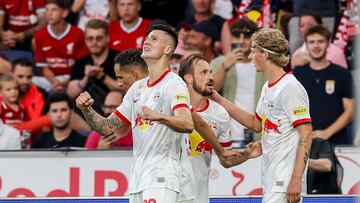 SALZBURG, AUSTRIA - JULY 27: Benjamin Sesko of Red Bull Salzburg celebrates after scoring his team's first goal with teammates during the pre-season friendly match between FC Red Bull Salzburg and FC Liverpool at Red Bull Arena on July 27, 2022 in Salzburg, Austria. (Photo by Roland Krivec/DeFodi Images via Getty Images)