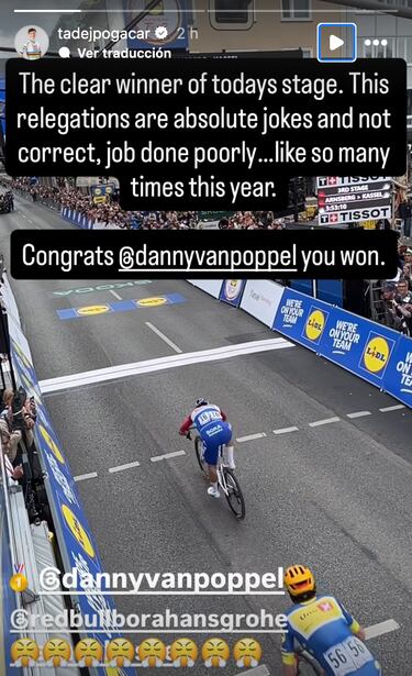Pogacar pone en duda la victoria de Warenksjold tras una sanción a Van Poppel 