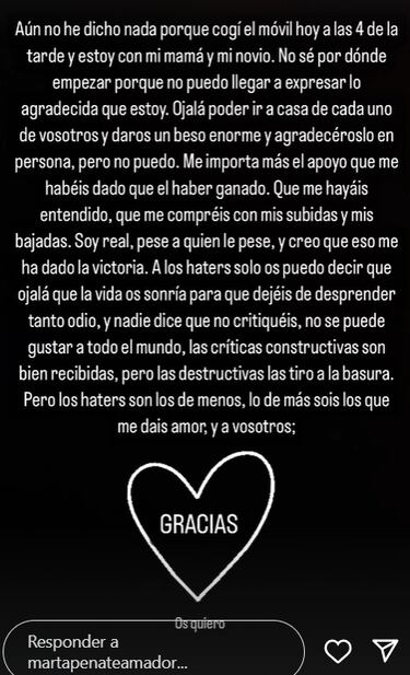 Marta Peñate lanza un comunicado tras ganar ‘Supervivientes All Stars’: “Nadie dice que no critiquéis”