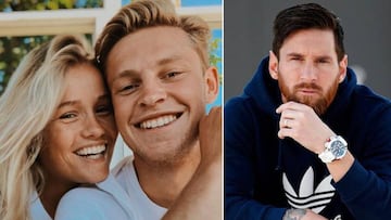 Im&aacute;genes del futbolista holandes Frenkie De Jong con su novia, Mikky Kiemeney, y de Lionel Messi posando en una imagen publicitaria.