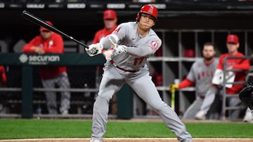 CHICAGO, IL - SEPTEMBER 15: Shohei Ohtani #17 of the Los Angeles Angels strikes out in the ninth inning, going 0-5 on the night against the Chicago White Sox at Guaranteed Rate Field on September 15, 2021 in Chicago, Illinois. Los Angeles defeated Chicago