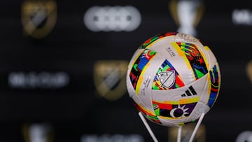 Dec 8, 2023; Columbus, OH, USA; A view of the MLS Cup match ball prior to a state of the league speech by MLS commissioner Don Garber (not pictured) as part of MLS Cup weekend at Lower.com Field. Mandatory Credit: Geoff Burke-USA TODAY Sports