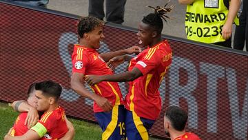 Lamine y Nico, estrellas de España, celebran un gol durante la Eurocopa.