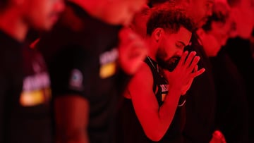 ATLANTA, GEORGIA - NOVEMBER 29: Trae Young #11 of the Atlanta Hawks stands during the National Anthem prior to the Emirates NBA Cup game against the Cleveland Cavaliers at State Farm Arena on November 29, 2024 in Atlanta, Georgia. NOTE TO USER: User expressly acknowledges and agrees that, by downloading and/or using this photograph, user is consenting to the terms and conditions of the Getty Images License Agreement. Kevin C. Cox/Getty Images/AFP (Photo by Kevin C. Cox / GETTY IMAGES NORTH AMERICA / Getty Images via AFP)