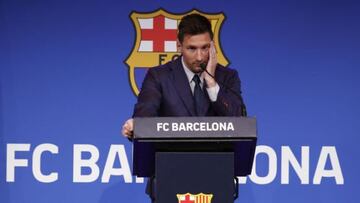 Lionel Messi at his Barcelona farewell press conference on 8 August.
