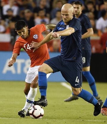 United States midfielder Michael Bradley (4) dribbles past Chile midfielder Esteban Pavez during the second half of an international friendly soccer match, Tuesday, March 26, 2019, in Houston. The match ended in a 1-1 draw. (AP Photo/Eric Christian Smith)