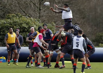 England's lock Courtney Lawes wins the ball as the forwards practice a lineout training session.