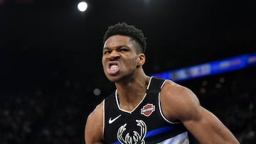 PARIS, FRANCE - JANUARY 24: Giannis Antetokounmpo of the Milwaukee Bucks reacts after a dunk during the NBA Paris Game match between Charlotte Hornets and Milwaukee Bucks on January 24, 2020 in Paris, France. (Photo by Aurelien Meunier/Getty Images)