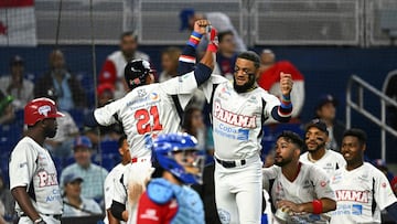 Panama outfielder #21 Johnny Yussef Santos (CL) celebrates after hitting a home run during the Caribbean Series baseball game between the Dominican Republic and Panama at LoanDepot Park in Miami, Florida, on February 7, 2024. (Photo by Chandan Khanna / AFP)