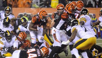 Jan 9, 2016; Cincinnati, OH, USA; Cincinnati Bengals running back Jeremy Hill (32) runs for a touchdown during the fourth quarter against the Pittsburgh Steelers in the AFC Wild Card playoff football game at Paul Brown Stadium. Mandatory Credit: Christopher Hanewinckel-USA TODAY Sports