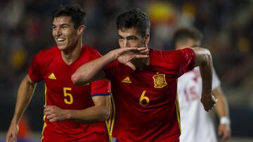 Mikel Merino celebra su gol. Encuentro amistoso entre Seleccion sub 21 Espa&Atilde;&plusmn;a vs Dinamarca, Estadio Nueva Condomina, 23-03-2017